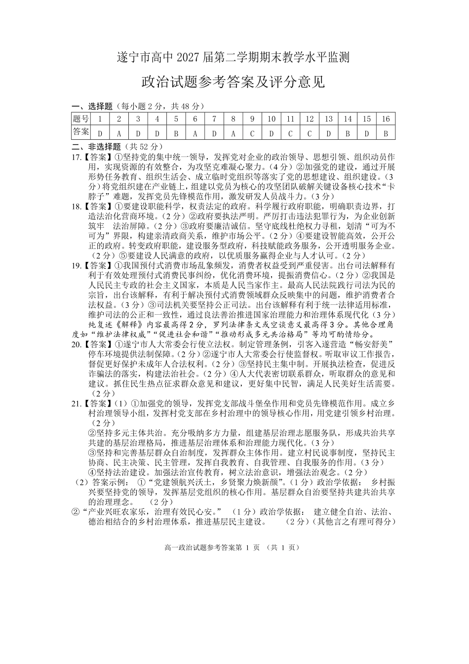 政治四川遂宁市高中2027届高一第二学期期末教学水平监测(7.7-7.9).pdf_第1页