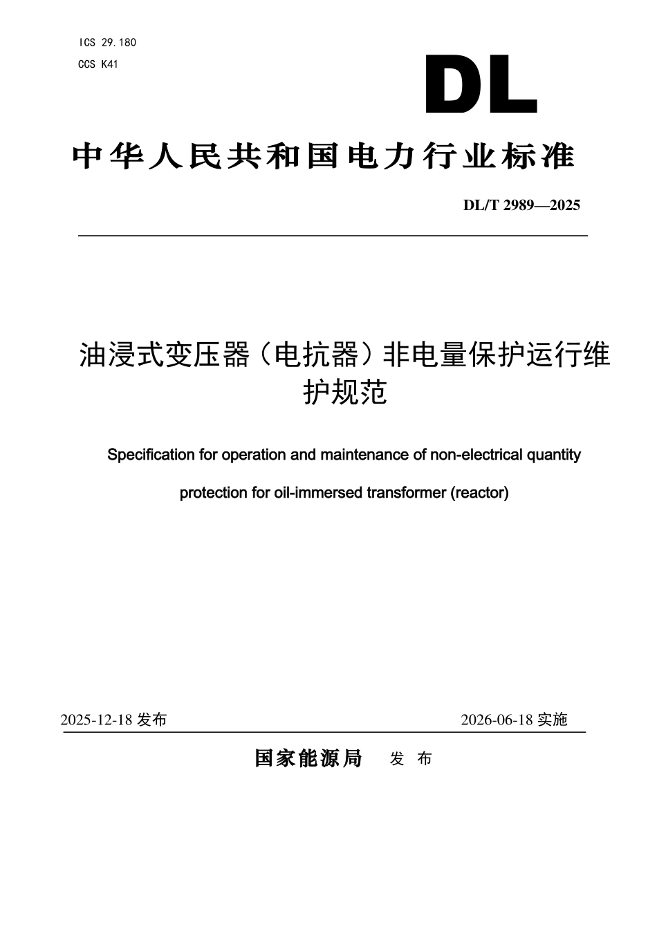 DLT 2989-2025 油浸式变压器(电抗器)非电量保护运行维护规范.pdf_第1页
