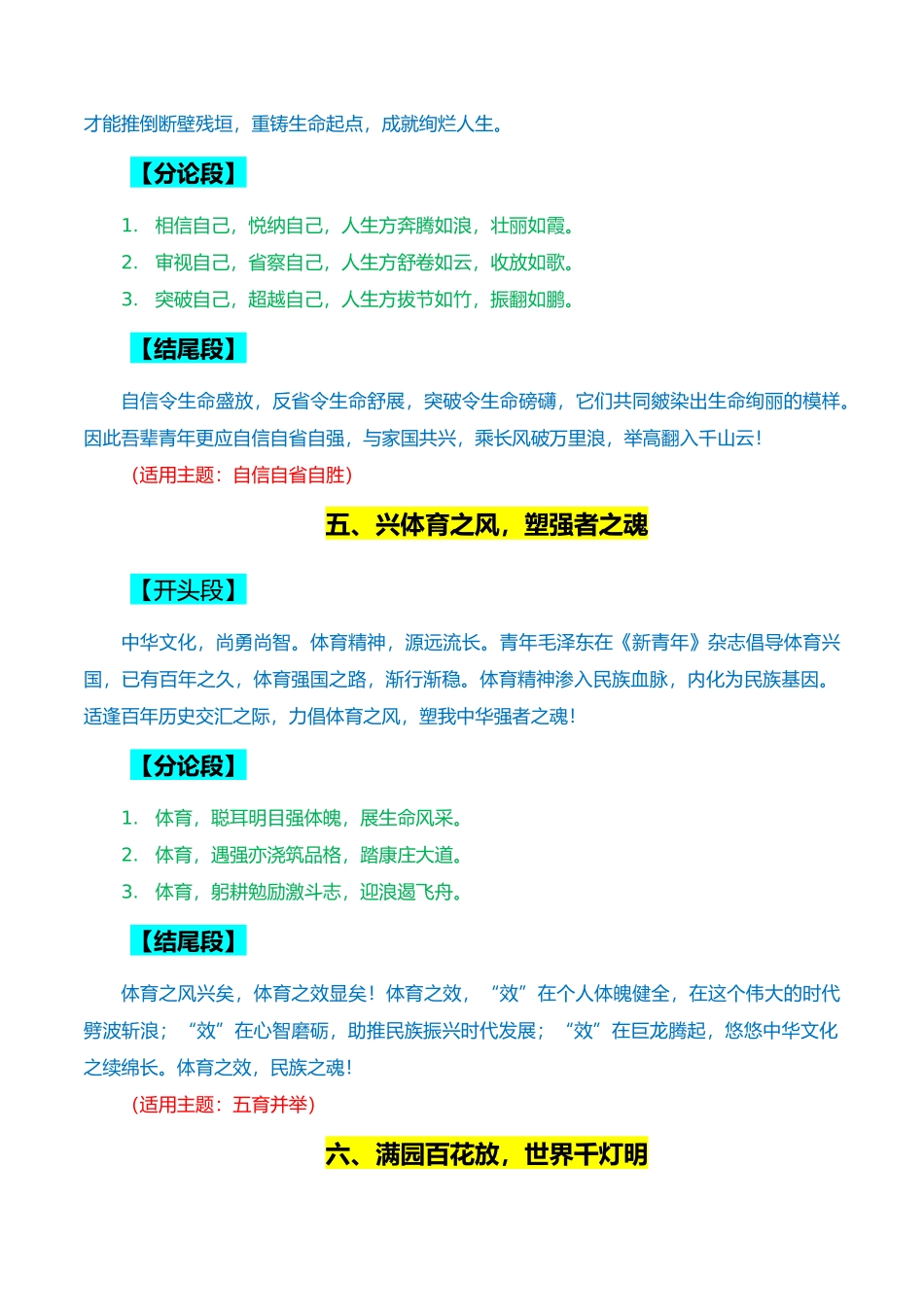 10个高频主题的满分作文:开头、结尾、分论点+18个精选标题、精彩语段和主题-备战2024学年高考语文作文月月热点素材积累运用大观园(全国通用).docx_第3页
