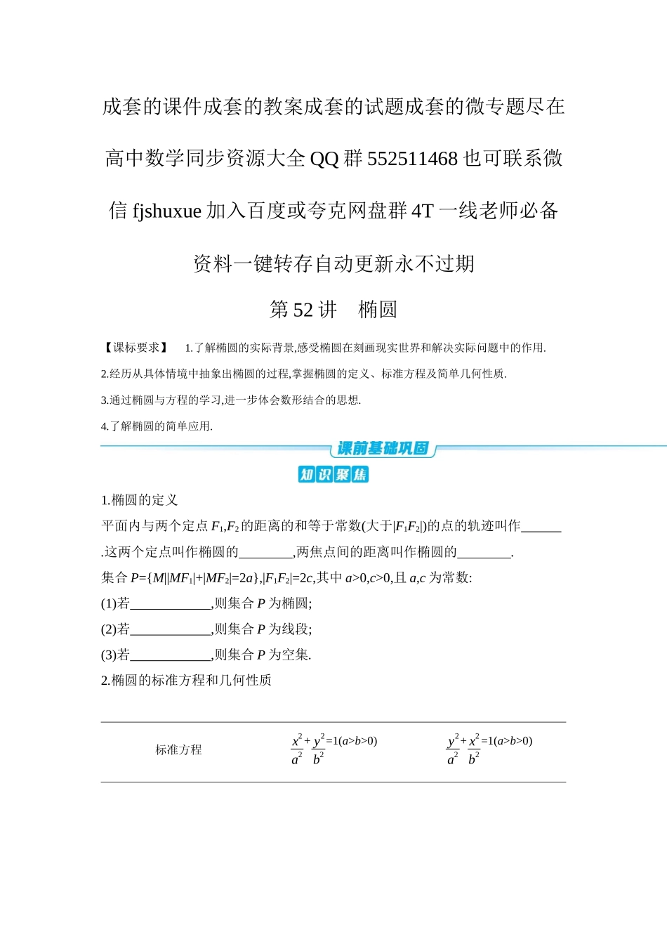 2027年高考数学一轮复习( 全品高考)05 第52讲 椭圆 【正文】听课手册.docx_第1页