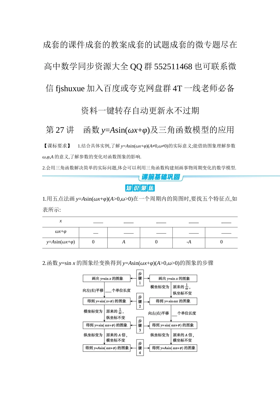 2027年高考数学一轮复习( 全品高考)07 第27讲 函数y=Asin(ωx+φ)及三角函数模型的应用 【正文】听课手册.docx_第1页