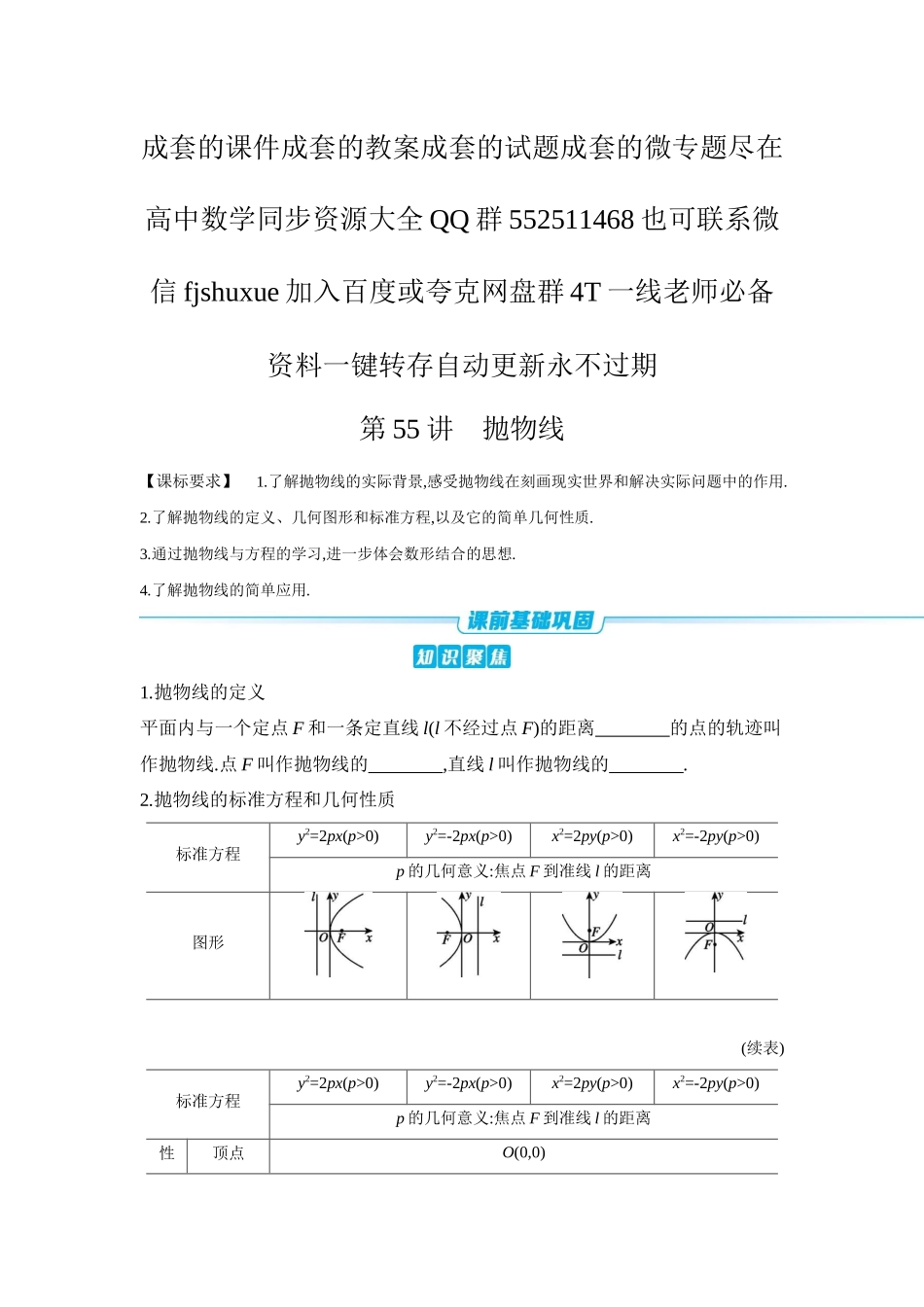 2027年高考数学一轮复习( 全品高考)08 第55讲 抛物线 【正文】听课手册.docx_第1页