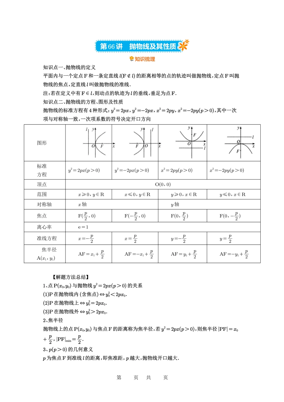 高考数学必刷题5000题-解析版第66讲 抛物线及其性质.pdf_第1页