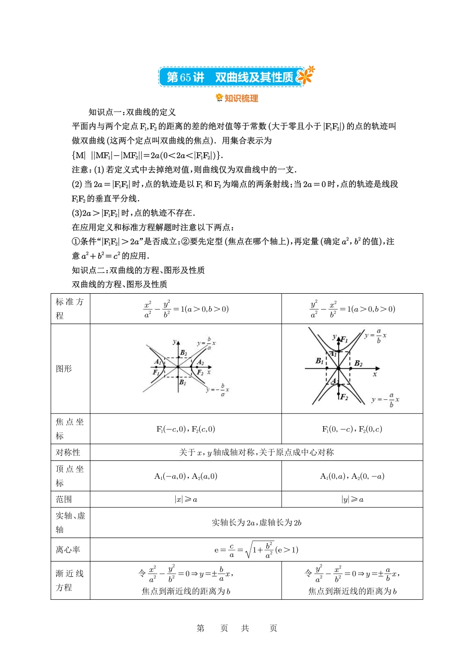 高考数学必刷题5000题-原卷版第65讲：双曲线及其性质.pdf_第1页