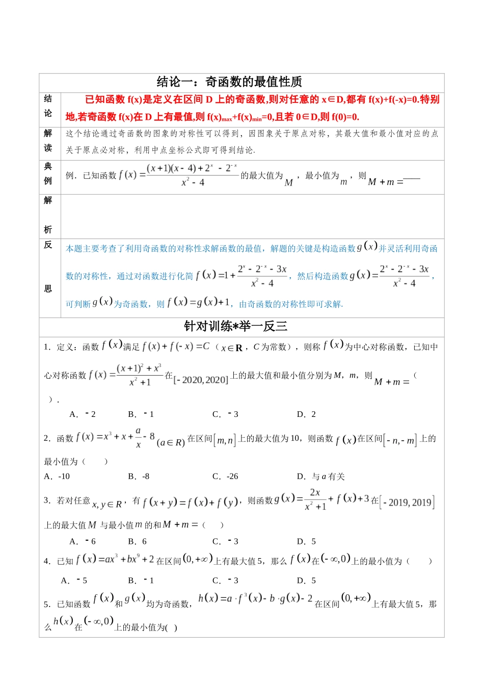 高中数学常用二级结论专题01 奇函数的最值性质-高中数学经典二级结论解读与应用训练(原卷版).docx_第1页