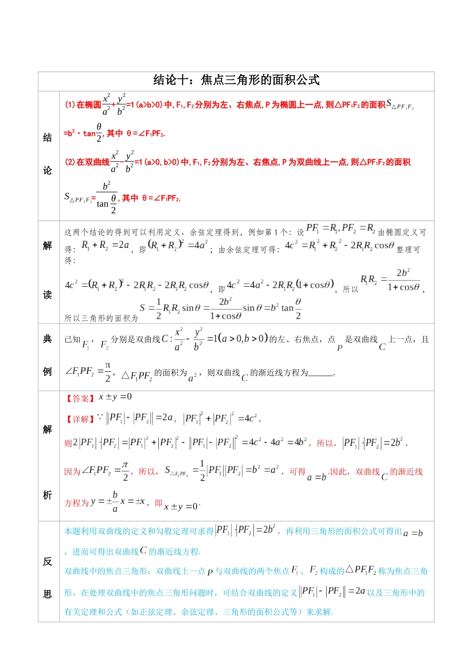 高中数学常用二级结论专题10 焦点三角形的面积公式 -高中数学经典二级结论解读与应用训练(解析版).docx_第1页