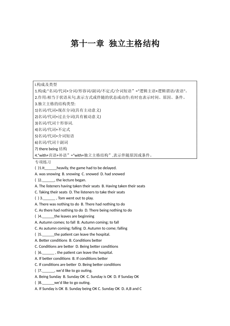 高中英语语法专练 第十一章 独立主格结构.docx_第1页