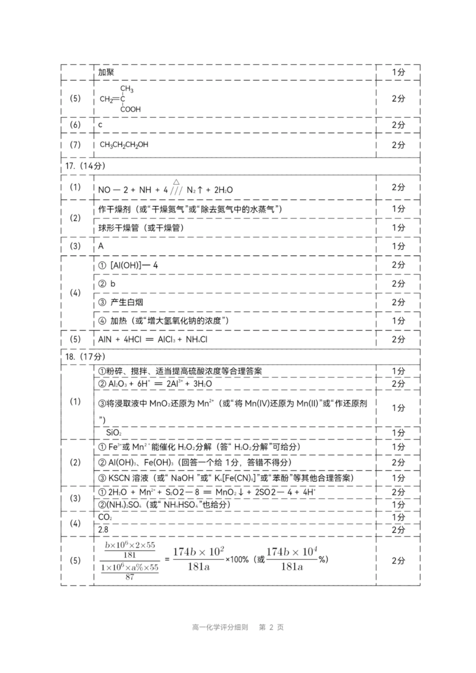 2025—2026学年高一下化学期末评分细则.pdf_第2页