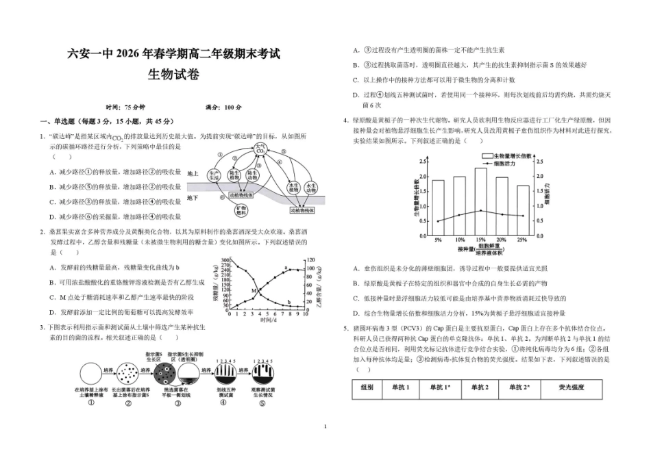 安徽六安第一中学2025-2026学年高二下学期7月期末考试生物试题含答案.pdf_第1页