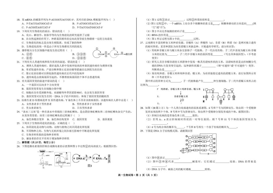 甘肃武威市凉州片区2025-2026学年高一下学期期末质量检测生物试卷.pdf_第2页