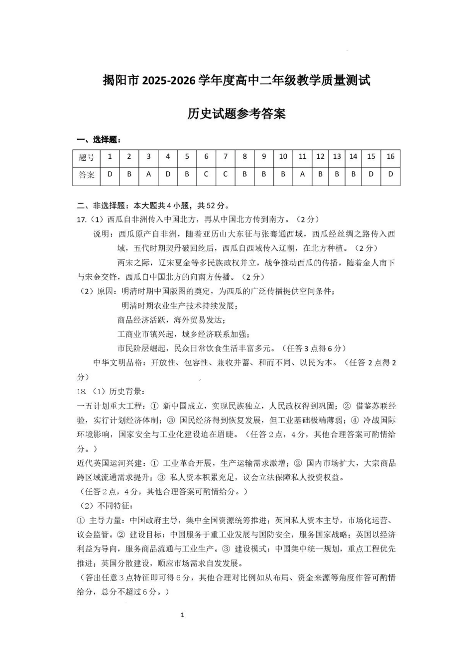 广东揭阳市2025-2026学年高二下学期期末教学质量测试历史答案.pdf_第1页