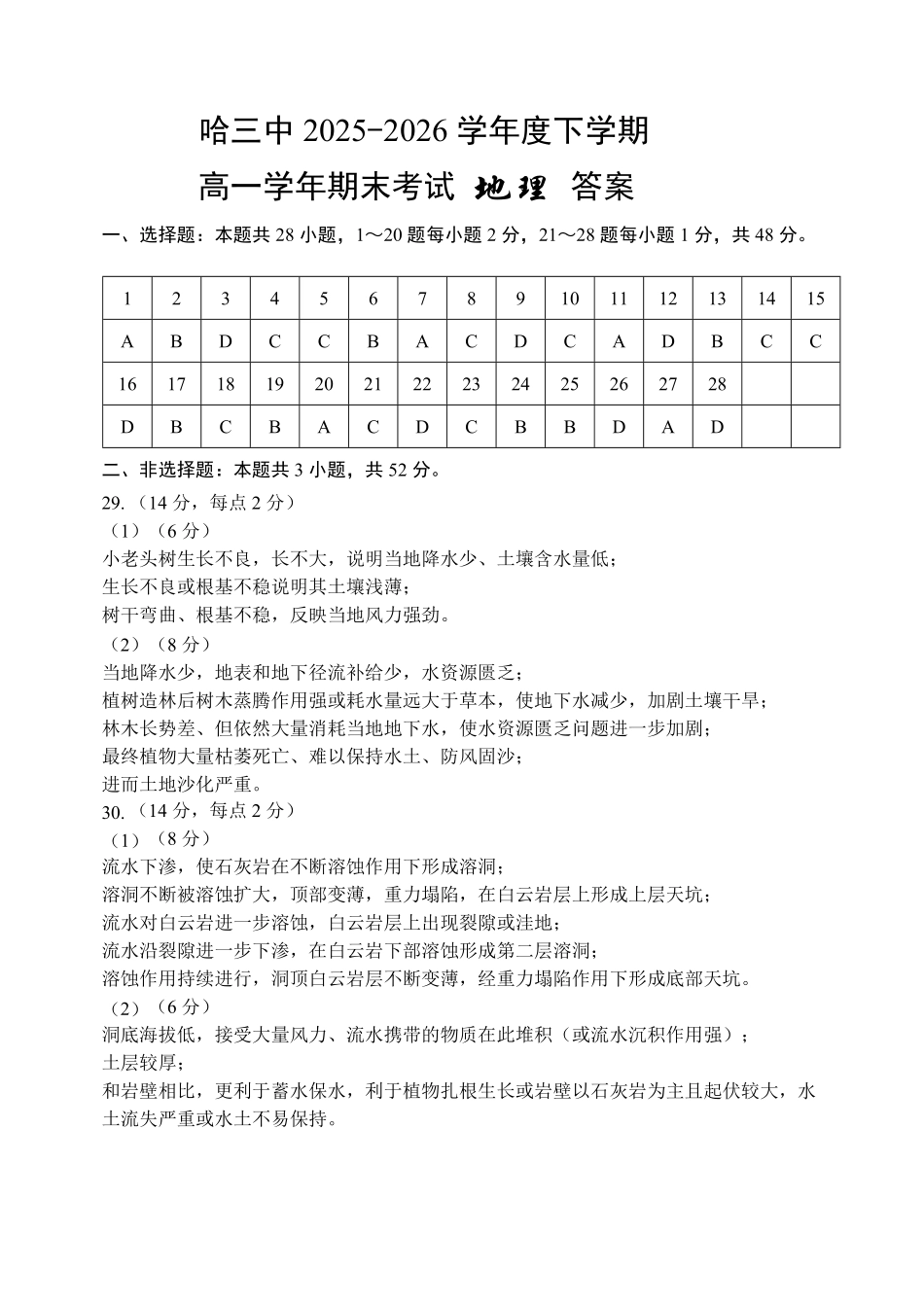 哈三中2025-2026学年度下学期高一学年期末考试地理答案.pdf_第1页