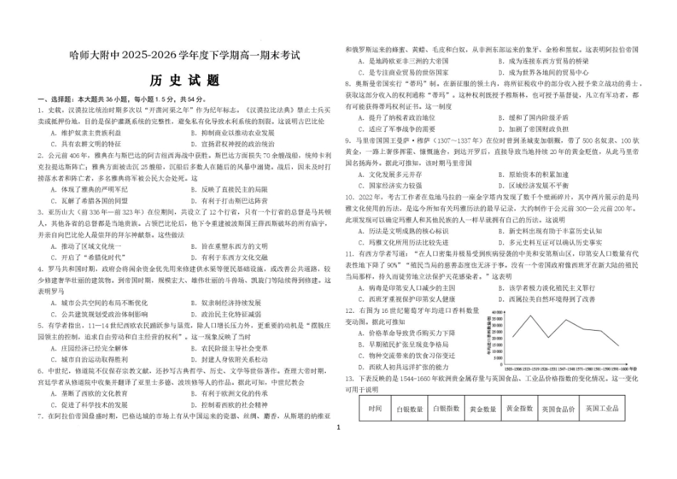 黑龙江哈尔滨师范大学附属中学2025-2026学年高一下学期期末考试历史试卷.pdf_第1页