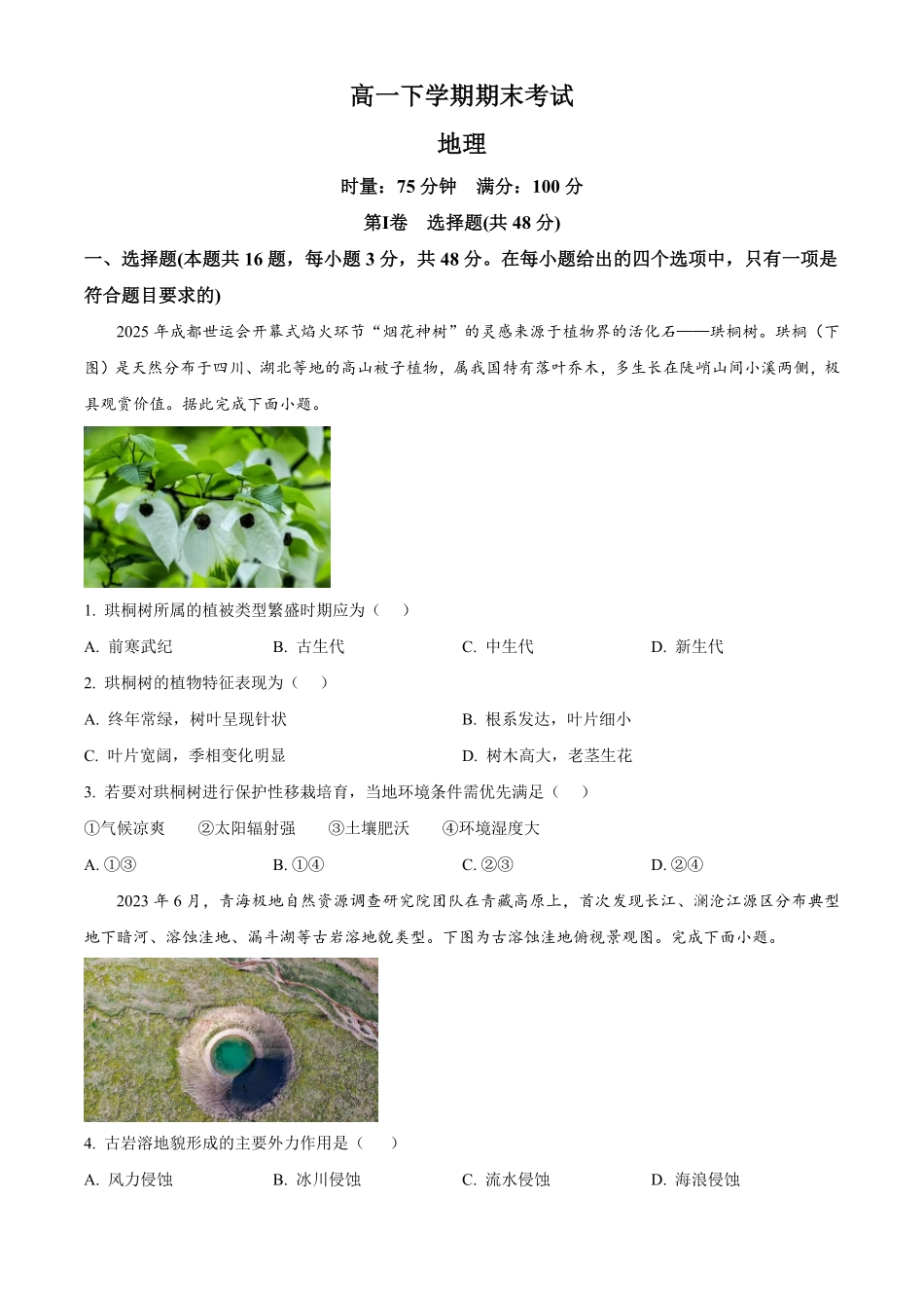 湖南师范大学附属中学2025-2026学年下学期高一期末考试地理试卷.pdf_第1页