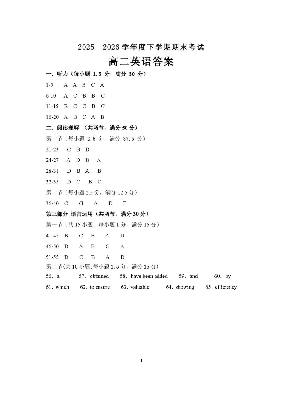 吉林友好学校协作体第八十一届期末联考2025-2026学年高二下学期7月期末英语答案.pdf_第1页