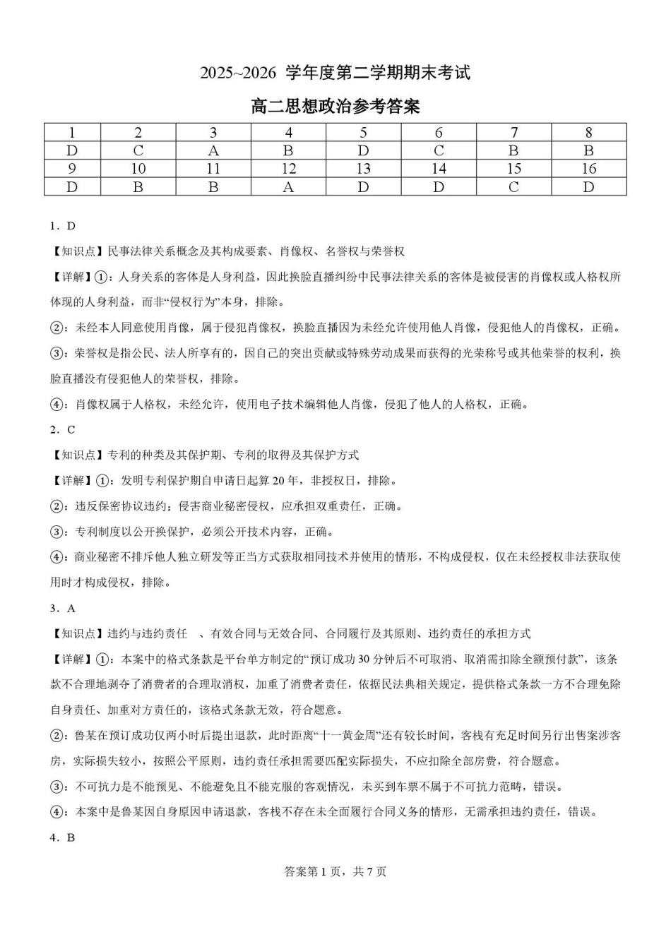 辽宁五校联考(大连24中、大连八中、鞍山一中、辽宁实验中学、东北育才)2025-2026学年高二下学期期末限时训练政治答案.pdf_第1页