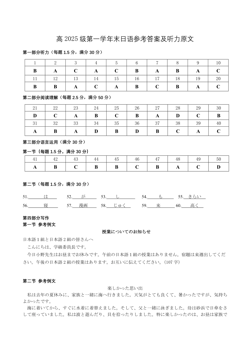 绵阳市高中2025级第一学年末教学质量测试日语答案.pdf_第1页
