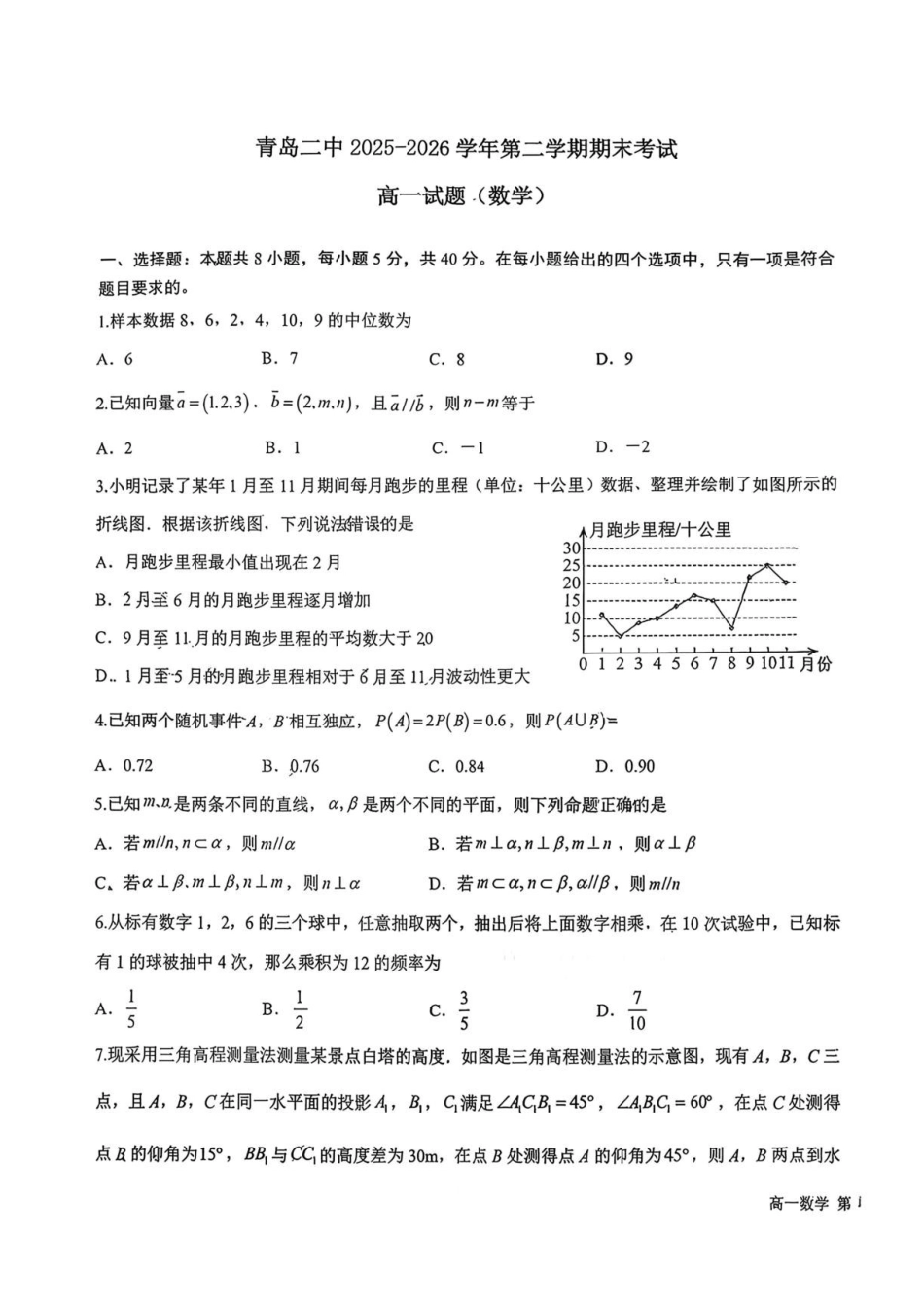 青岛二中2026年高一下学期期末考试数学试题.pdf_第1页