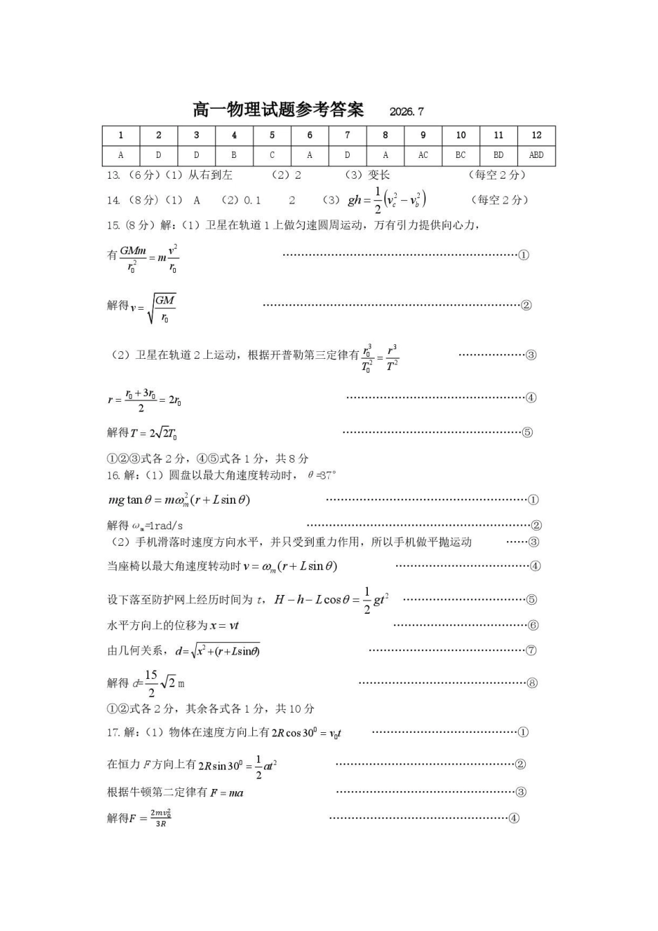 山东菏泽市2025-2026学年高一下学期期末物理答案.pdf_第1页