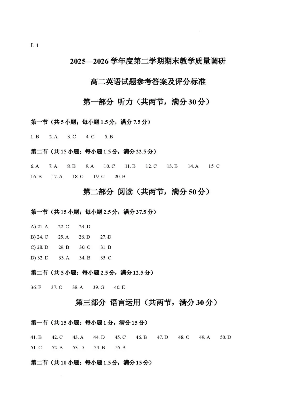 陕西渭南市临渭区2025-2026学年高二下学期7月期末英语答案.pdf_第1页