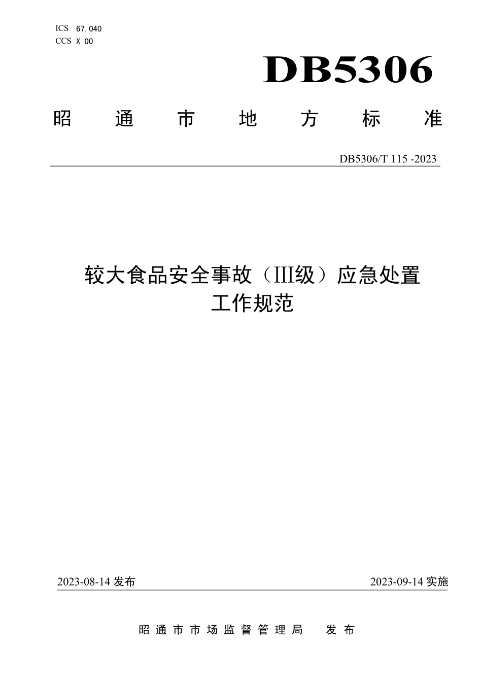 DB5306T 115-2023 较大食品安全事故(Ⅲ级)应急处置工作规范.pdf_第1页