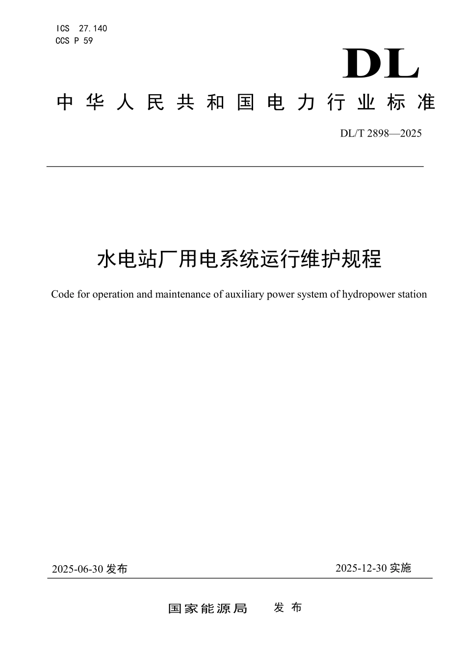 DLT 2898-2025 水电站厂用电系统运行维护规程.pdf_第1页