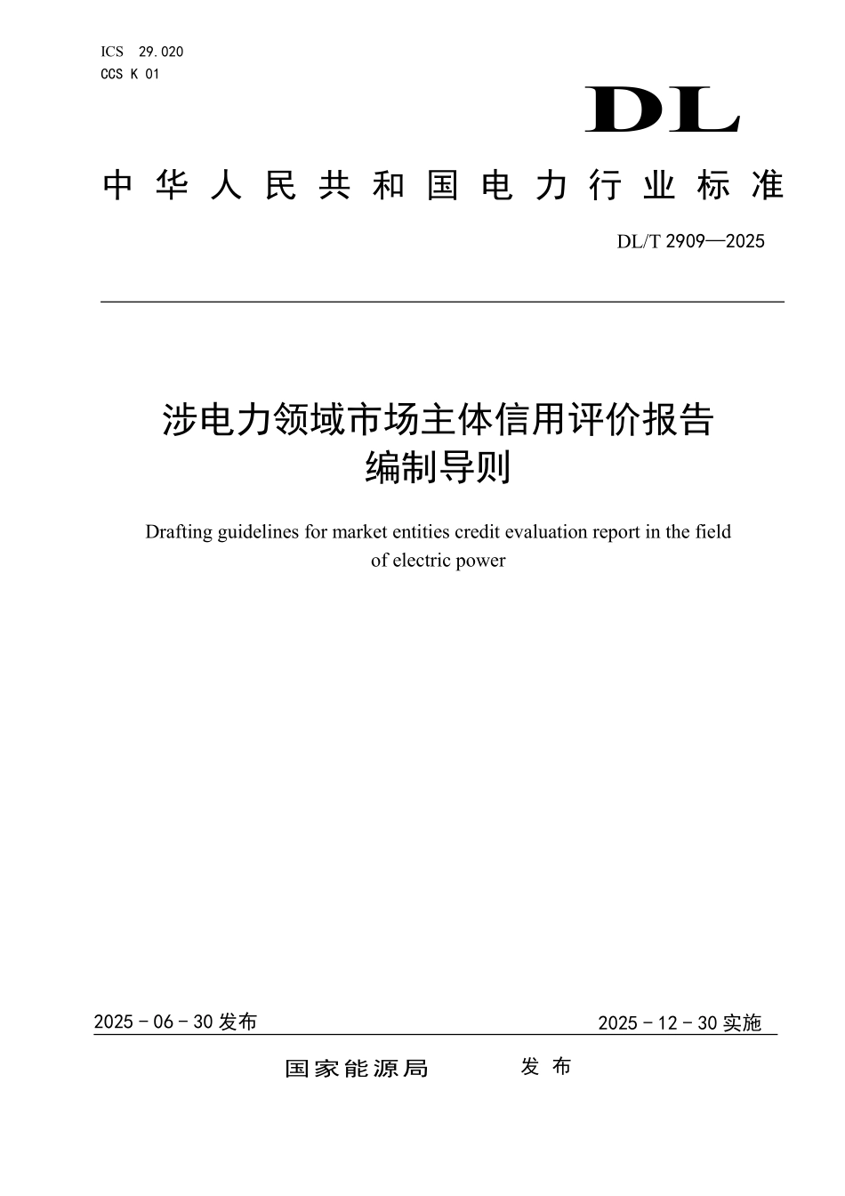 DLT 2909-2025 涉电力领域市场主体信用评价报告编制导则.pdf_第1页