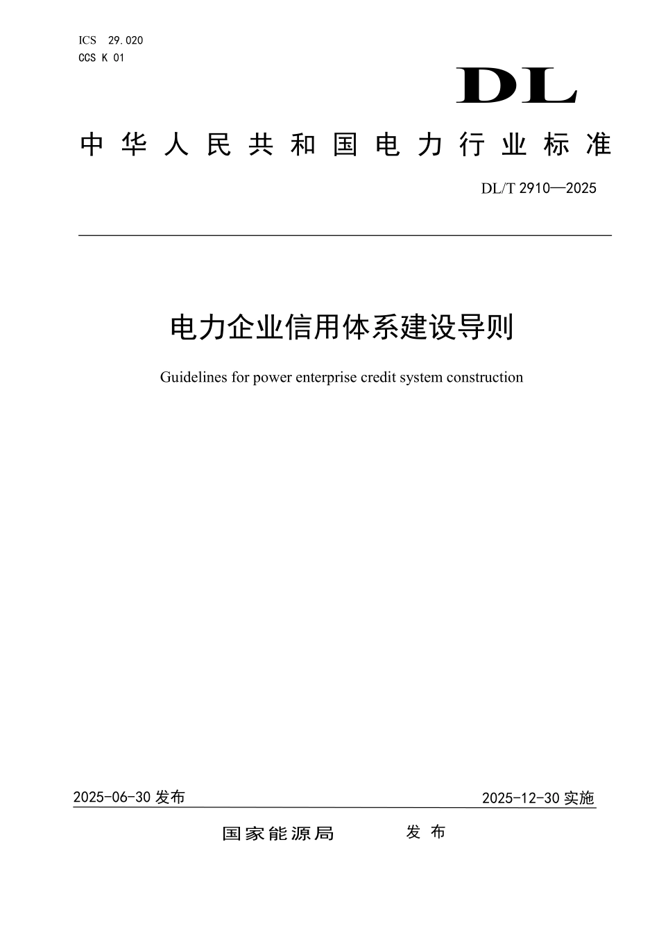 DLT 2910-2025 电力企业信用体系建设导则.pdf_第1页
