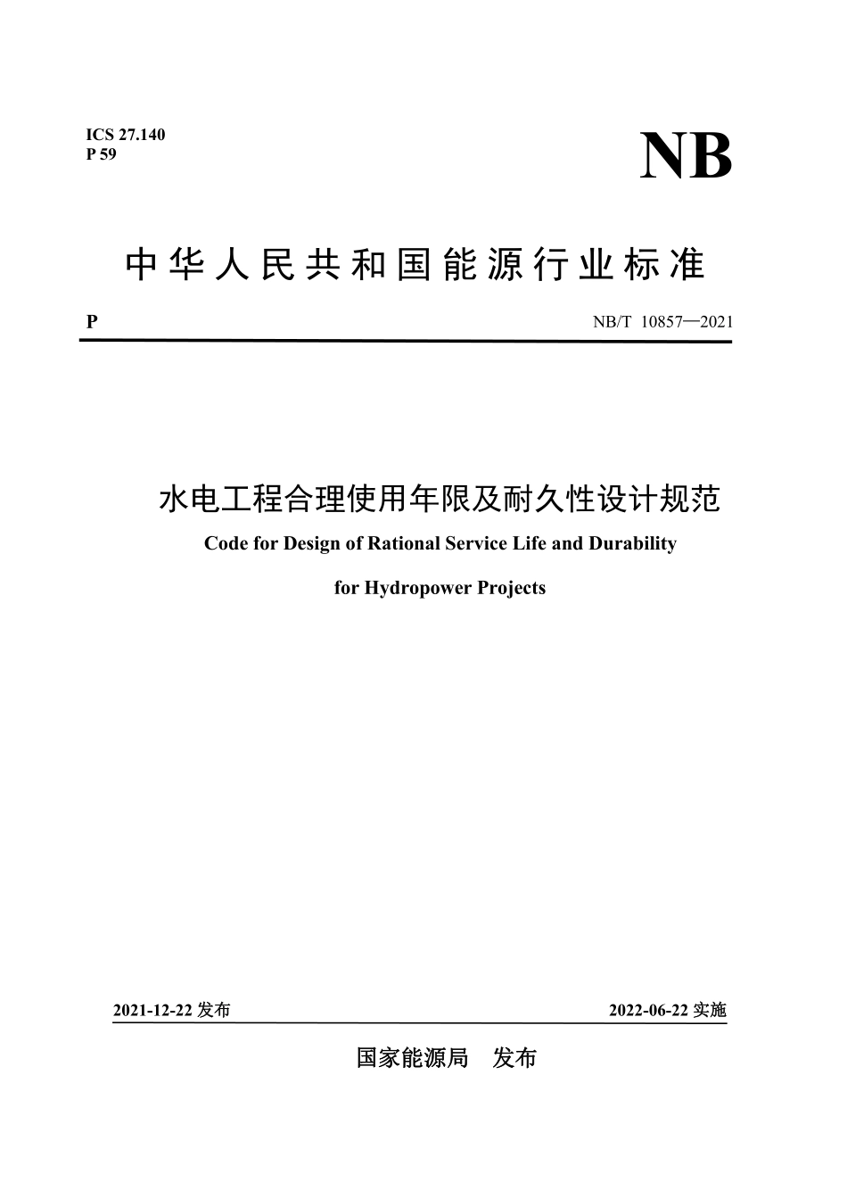 NBT 10857-2021水电工程合理使用年限及耐久性设计规范.pdf_第1页