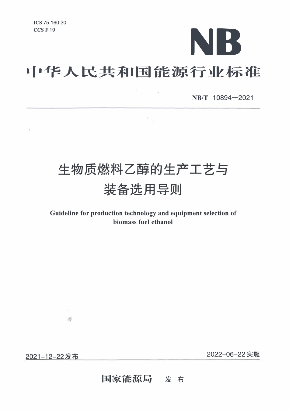 NBT 10894-2021 生物质燃料乙醇的生产工艺与装备选用导则.PDF_第1页
