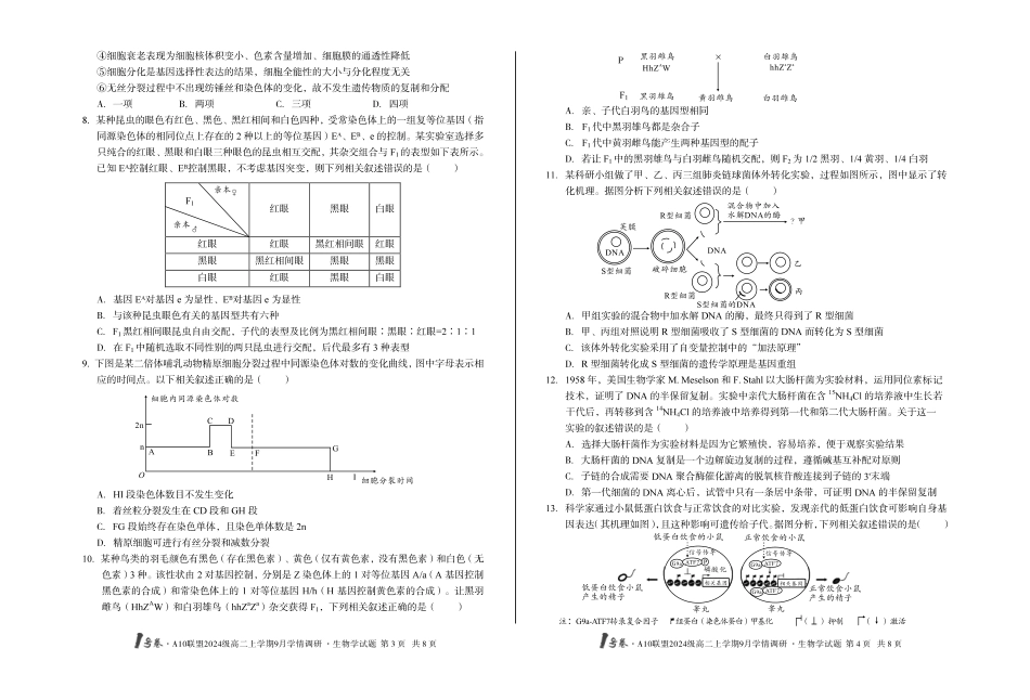 1号卷A10联盟2024级高二上学期9月学情调研生物学_副本.pdf_第2页