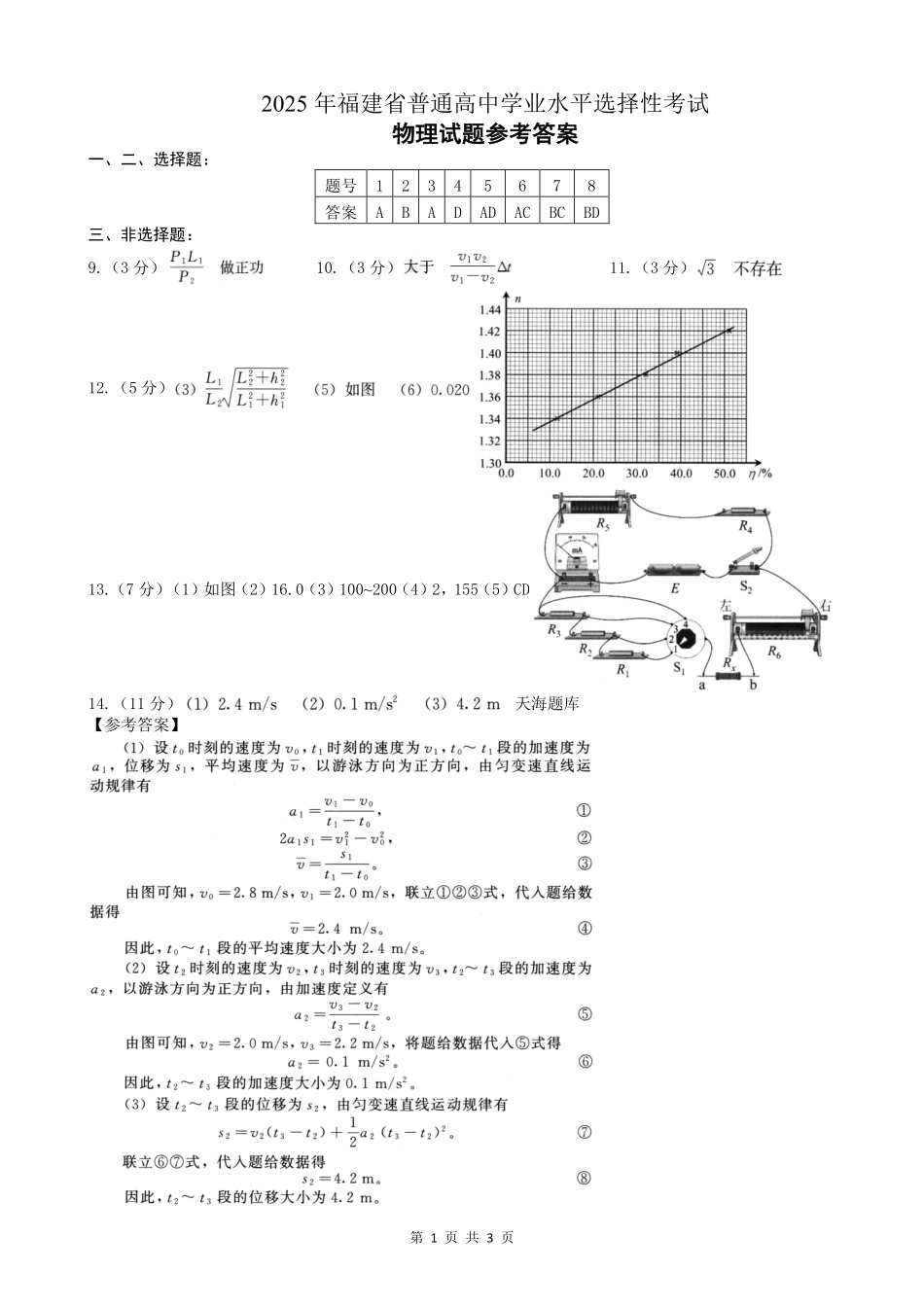 2025年福建普通高中学业水平选择性考试物理答案.pdf_第1页