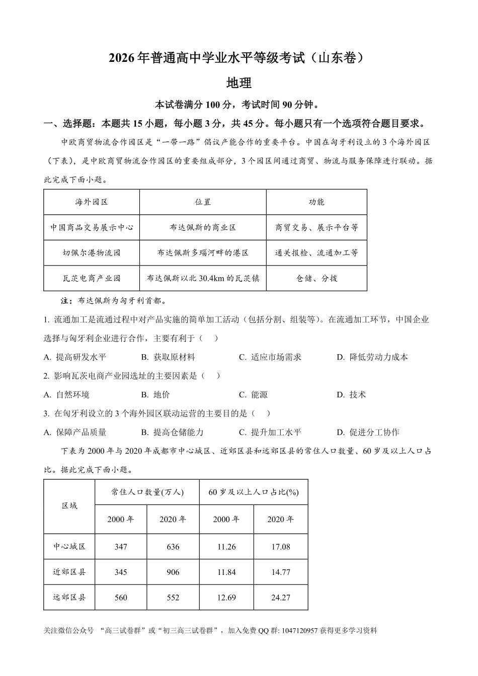 2026年高考山东卷高考真题(地理).pdf_第1页