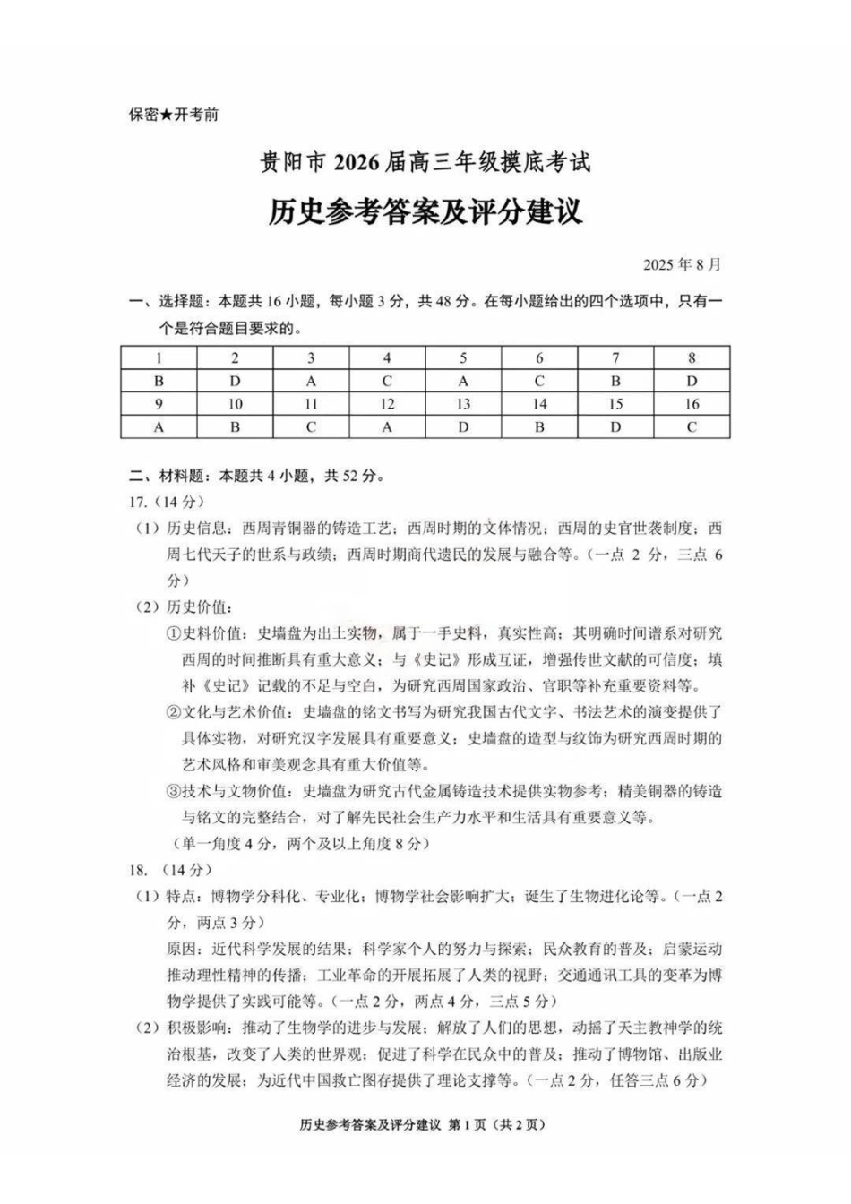 贵阳市2026届高三年级摸底考试试卷历史答案.pdf_第1页
