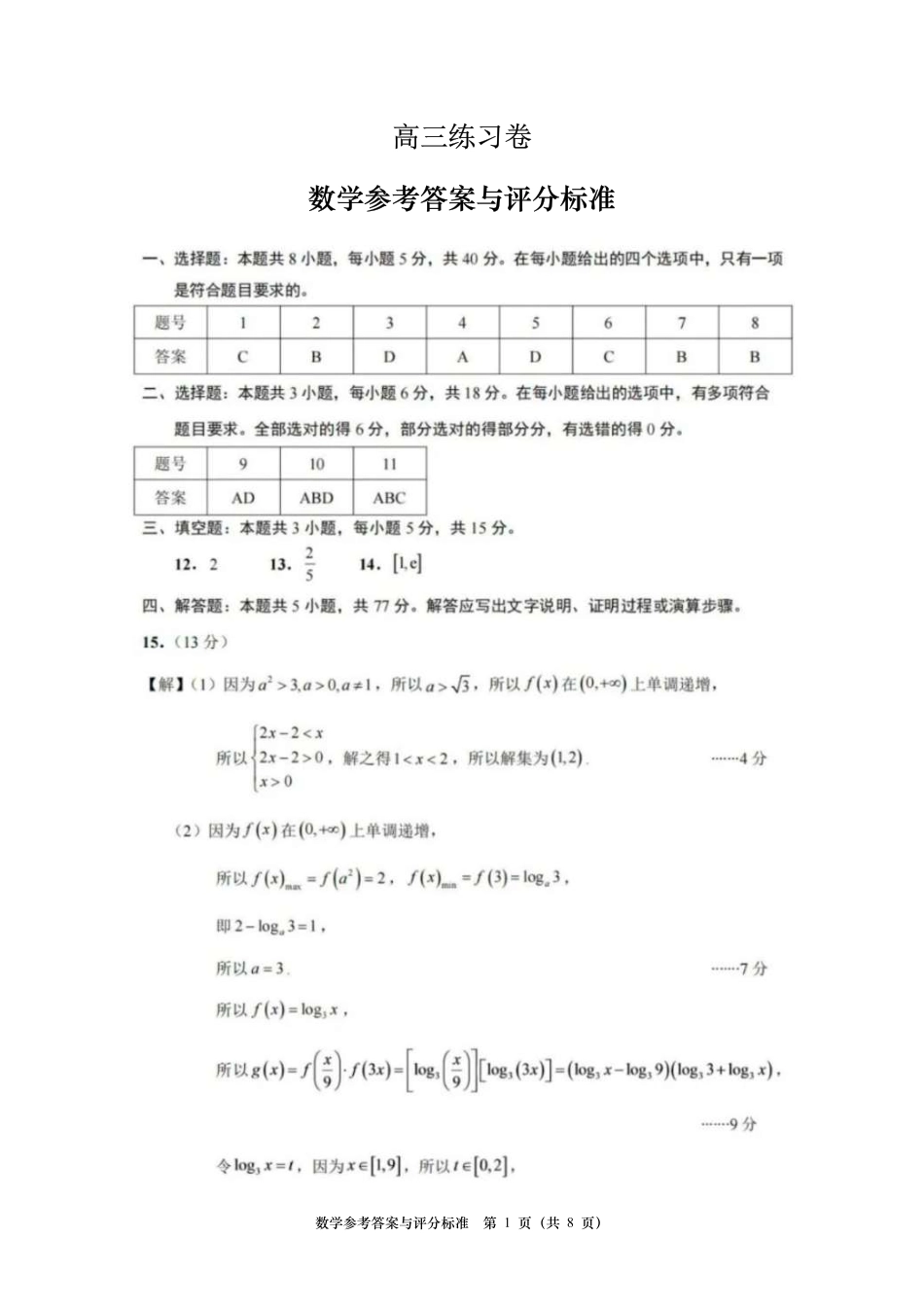 江苏南通市如皋市2027届高三上学期第一次阶段检测数学答案.pdf_第1页