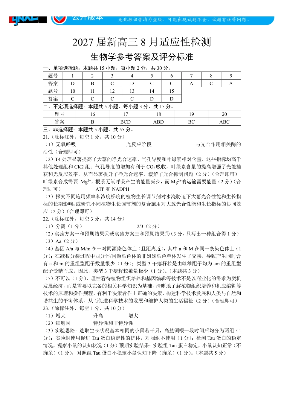 言蹊联考2027届新高三适应性检测生物学参考答案及评分标准.pdf_第1页