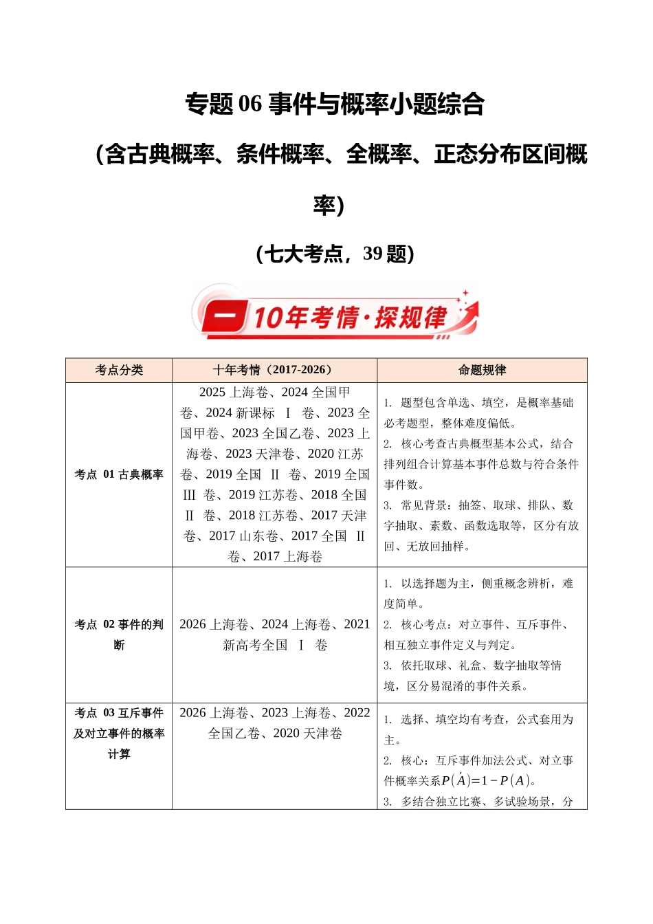 专题06事件与概率小题综合（含古典概率、条件概率、全概率、贝叶斯公式、正态分布区间概率）（10年汇编）（七大考点39题）（解析版）.docx_第1页