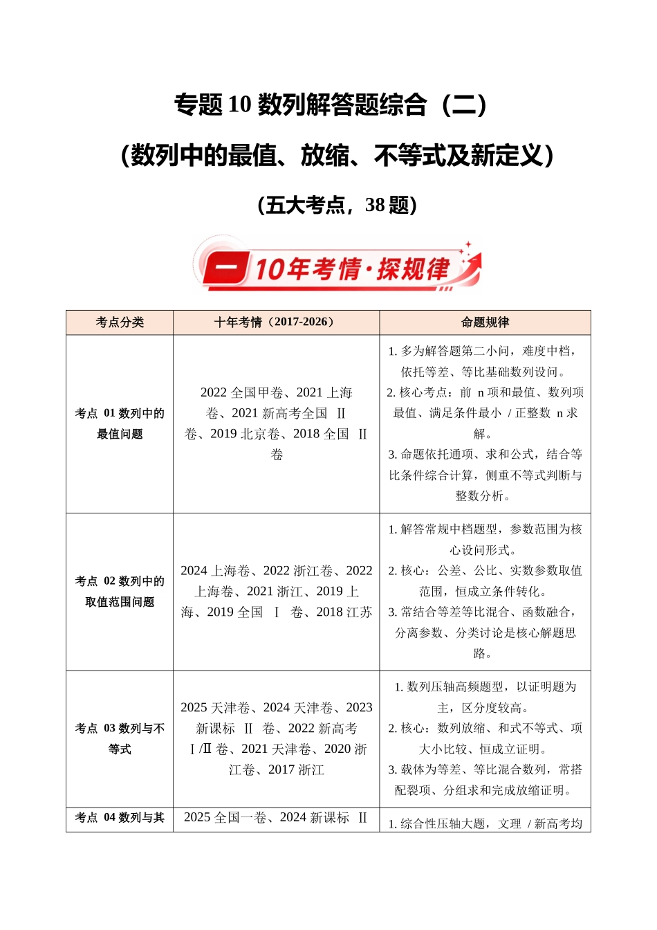 专题10数列解答题综合(二)(数列中的最值、放缩、不等式及新定义)(10年汇编)(五大考点38题)(原卷版).docx_第1页