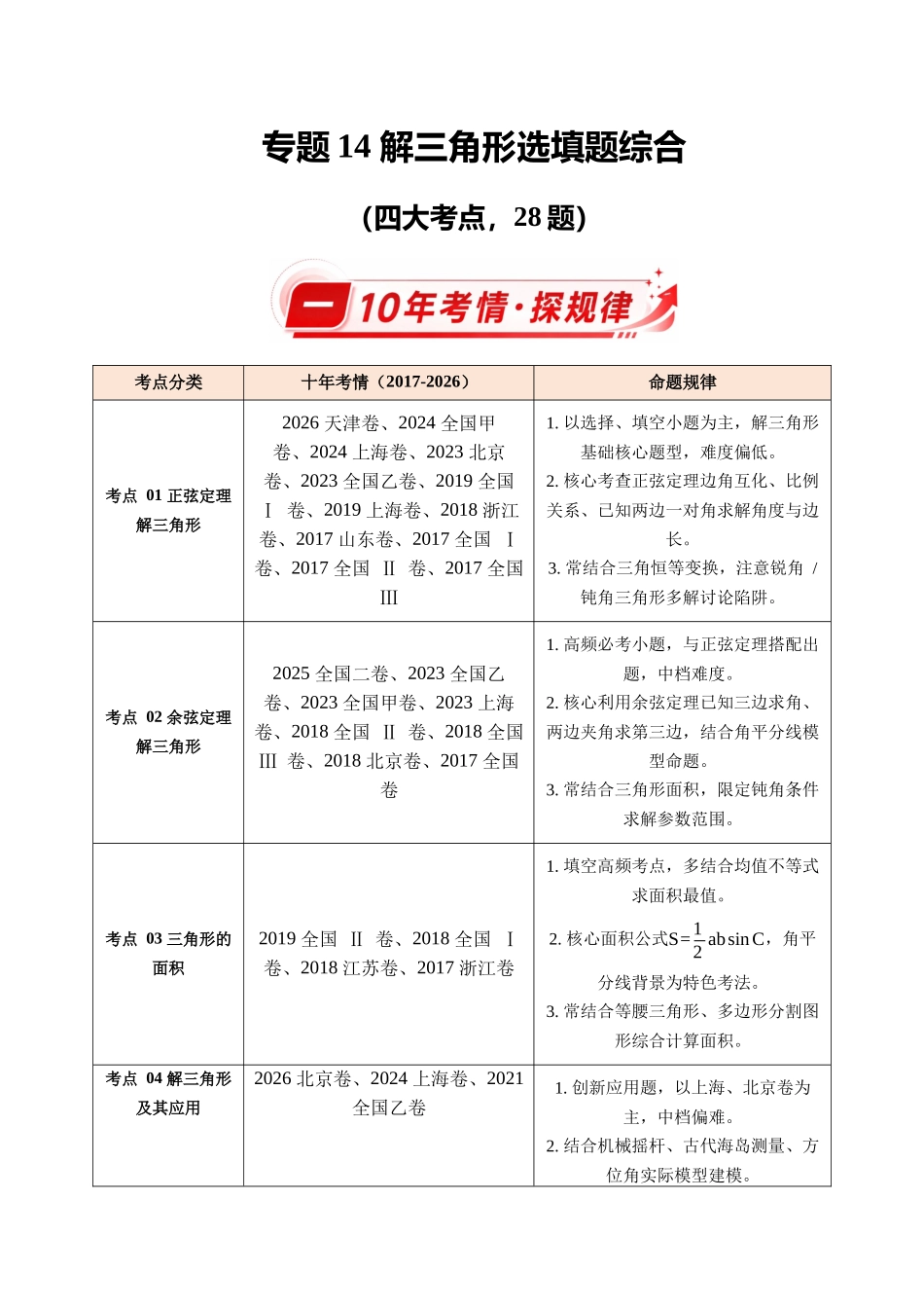 专题14解三角形选填题综合(10年汇编)(四大考点28题)(原卷版).docx_第1页