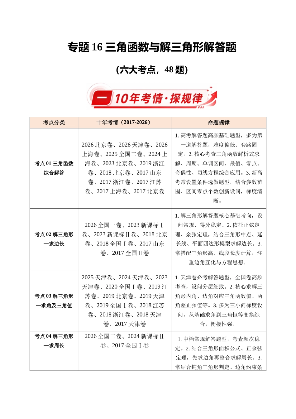 专题16三角函数与解三角形解答题(10年汇编)(六大考点48题)(原卷版).docx_第1页