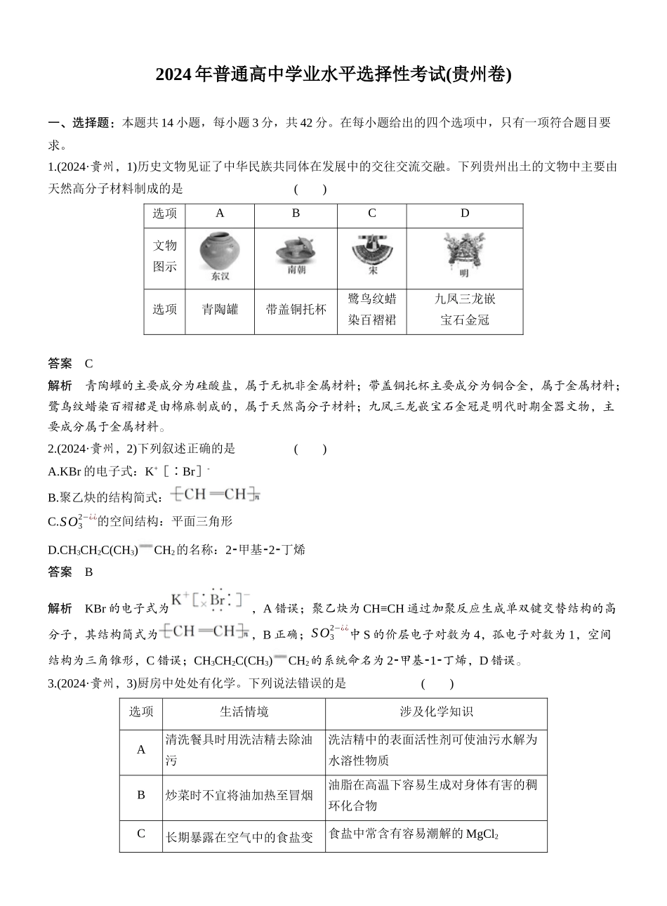 2024年普通高中学业水平选择性考试(贵州卷).docx_第1页