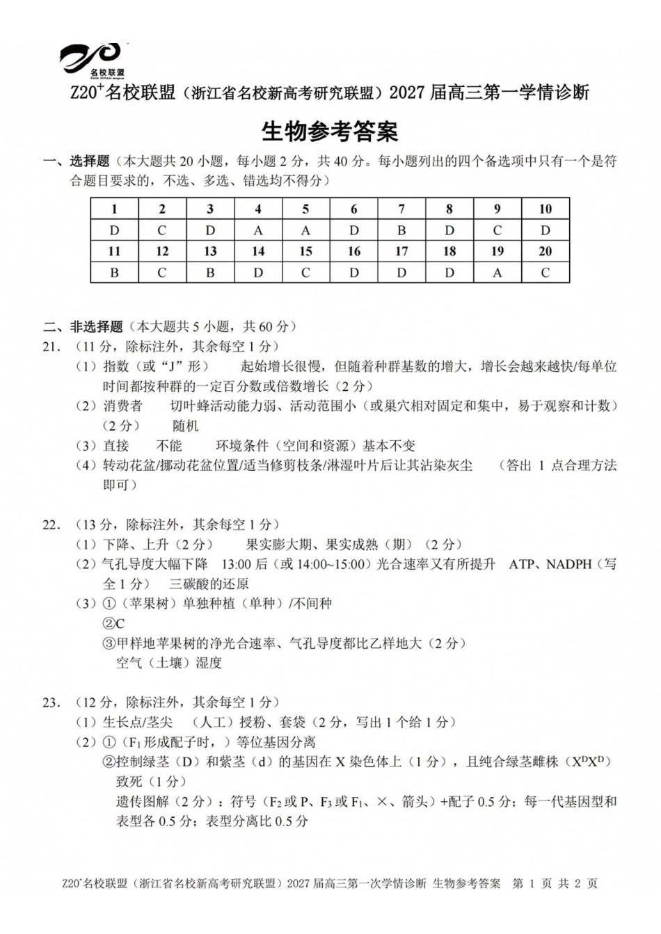 2027届高三第一次学情诊断生物答案.pdf_第1页