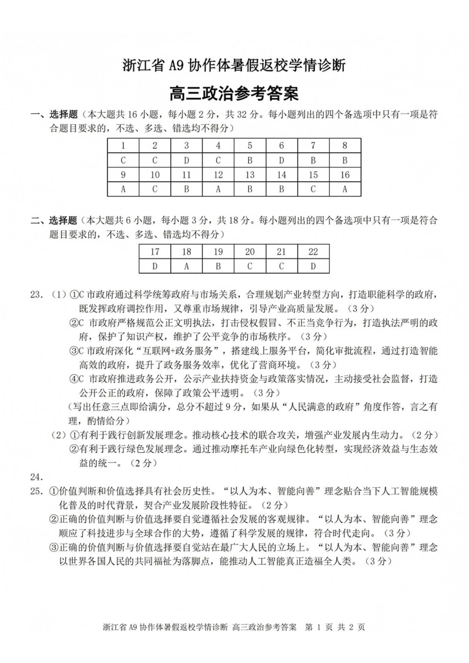 A9协作体2027届暑假返校学情诊断政治答案.pdf_第1页