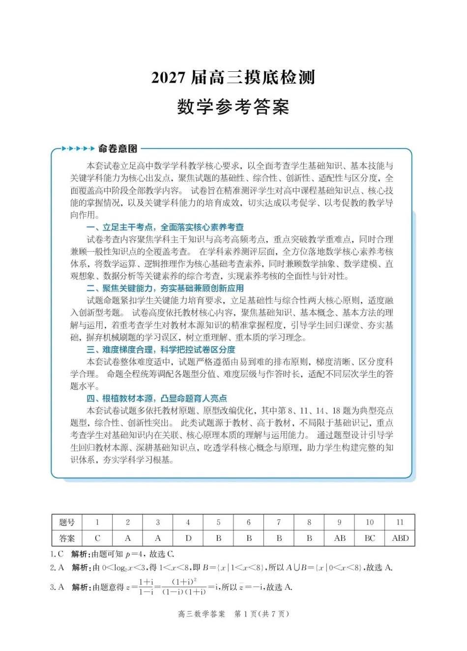 沧州市多校联考2026-2027学年高三上学期开学摸底检测数学答案.pdf_第1页