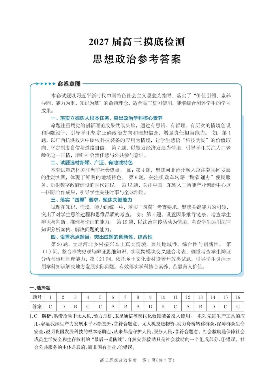 沧州市多校联考2026-2027学年高三上学期开学摸底检测政治答案.pdf_第1页