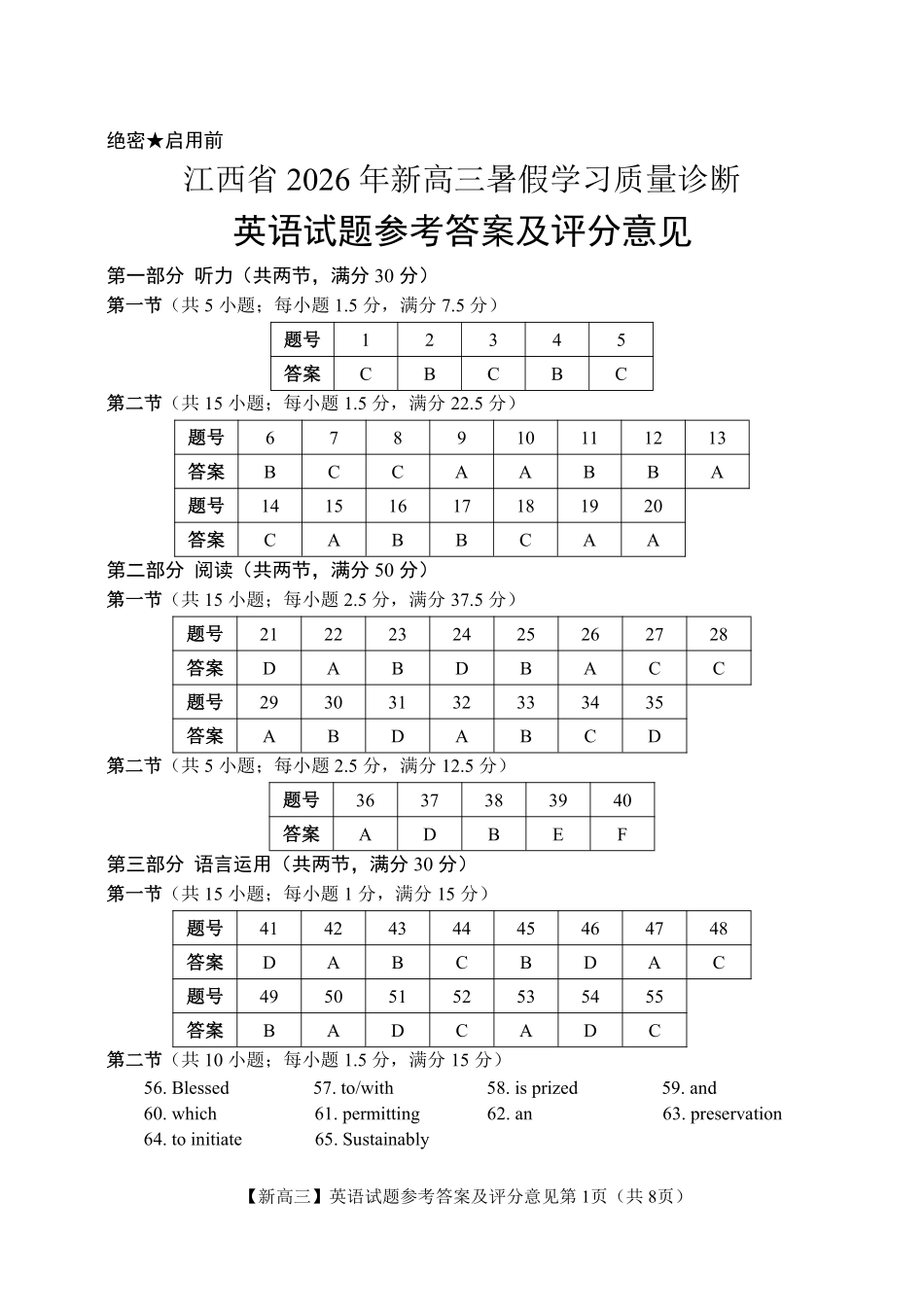 江西2026年新高三暑假学习质量诊断英语答案.pdf_第1页