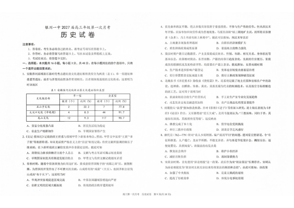历史【全国百强校】宁夏回族自治区银川一中2027届高三年级上学期第一次月考(8.29-8.30).pdf_第1页