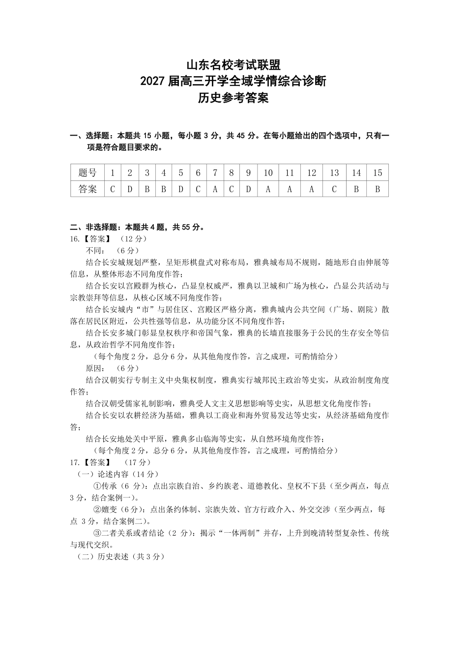 2027届高三开学全域学情综合诊断历史答案.pdf_第1页