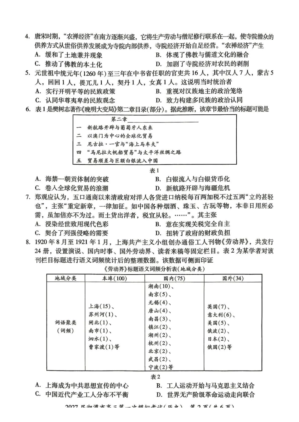2027届湘潭市高三第一次模拟考试历史(1).pdf_第2页