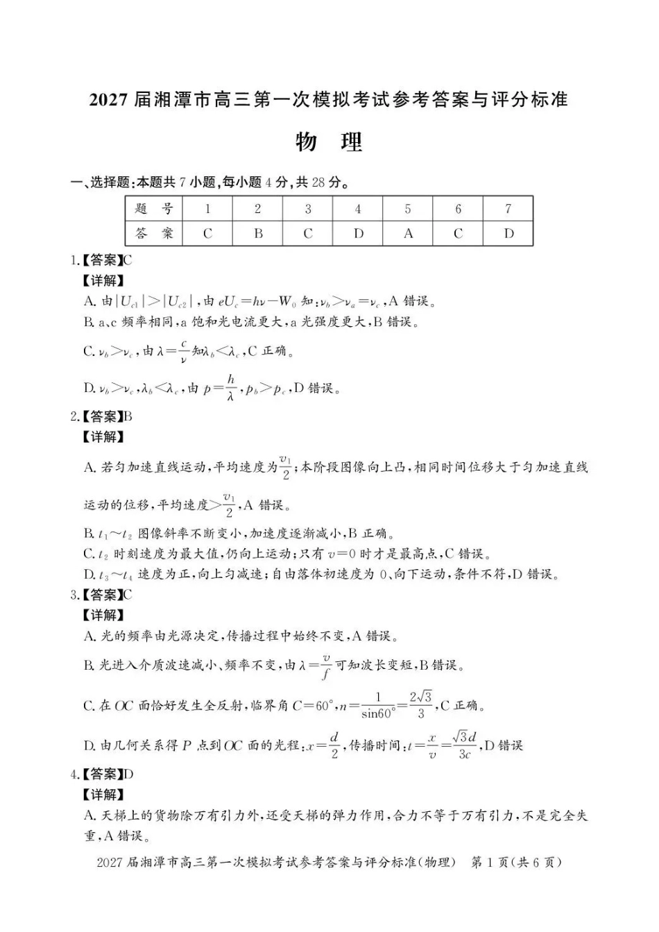 2027届湘潭市高三第一次模拟考试物理答案(1).pdf_第1页